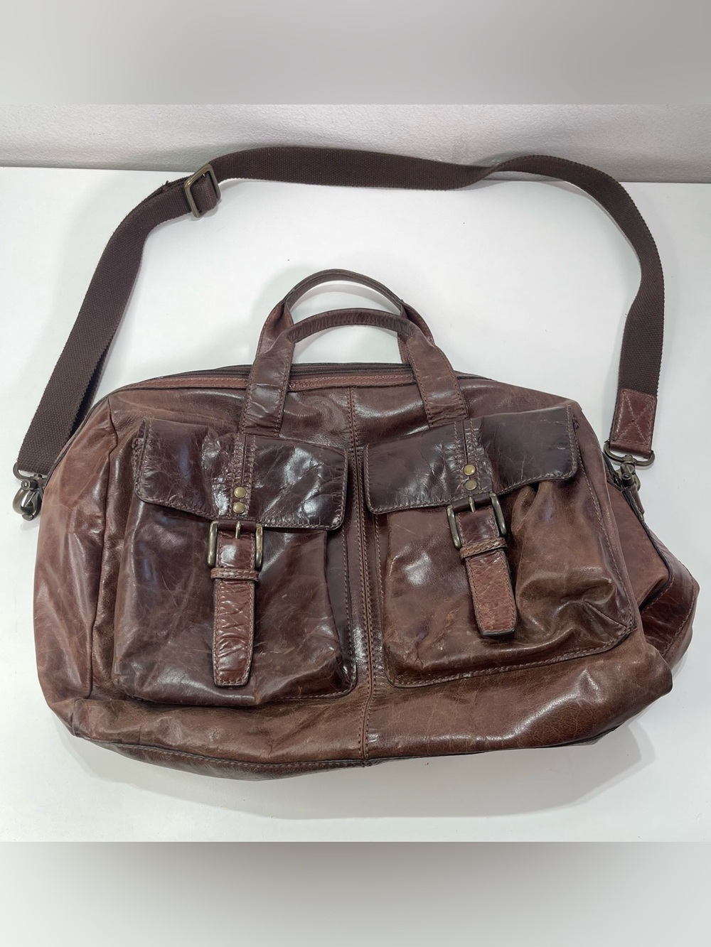 Vtg Fossil Leather Duffle Bag Brown Double Buckle Pockets Brass Hardware